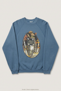 Front product view of blue mountain lion sweatshirt, flat lay