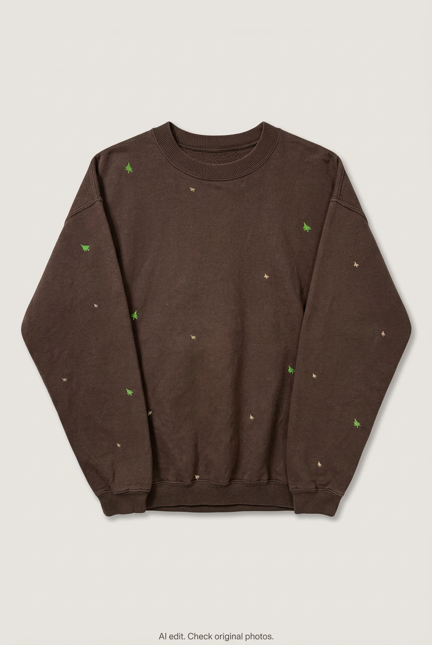 Front product view of brown embroidered sweatshirt, flat lay