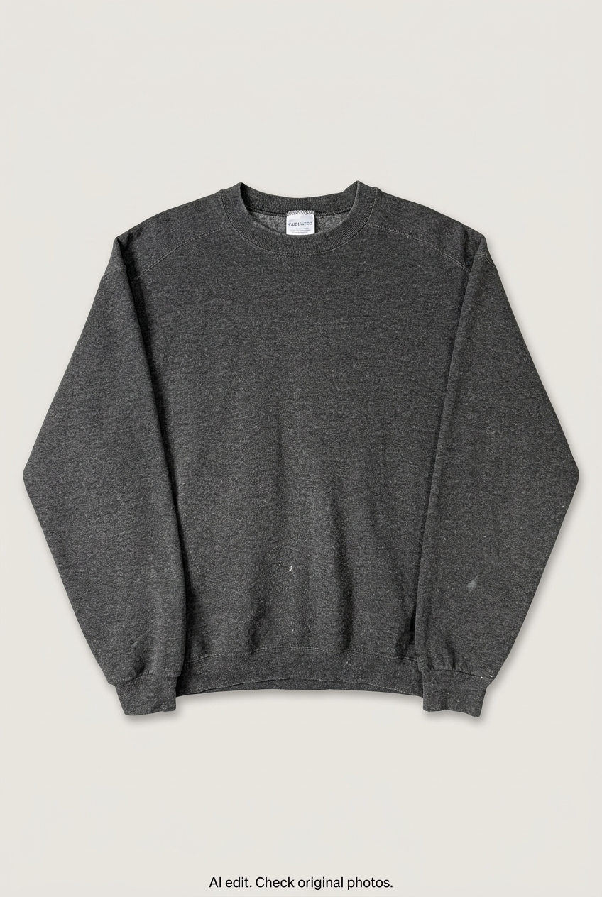 Front product view of charcoal crewneck sweatshirt, flat lay