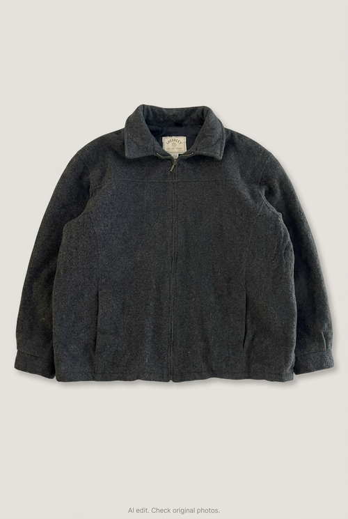 Front product view of charcoal wool jacket, flat lay