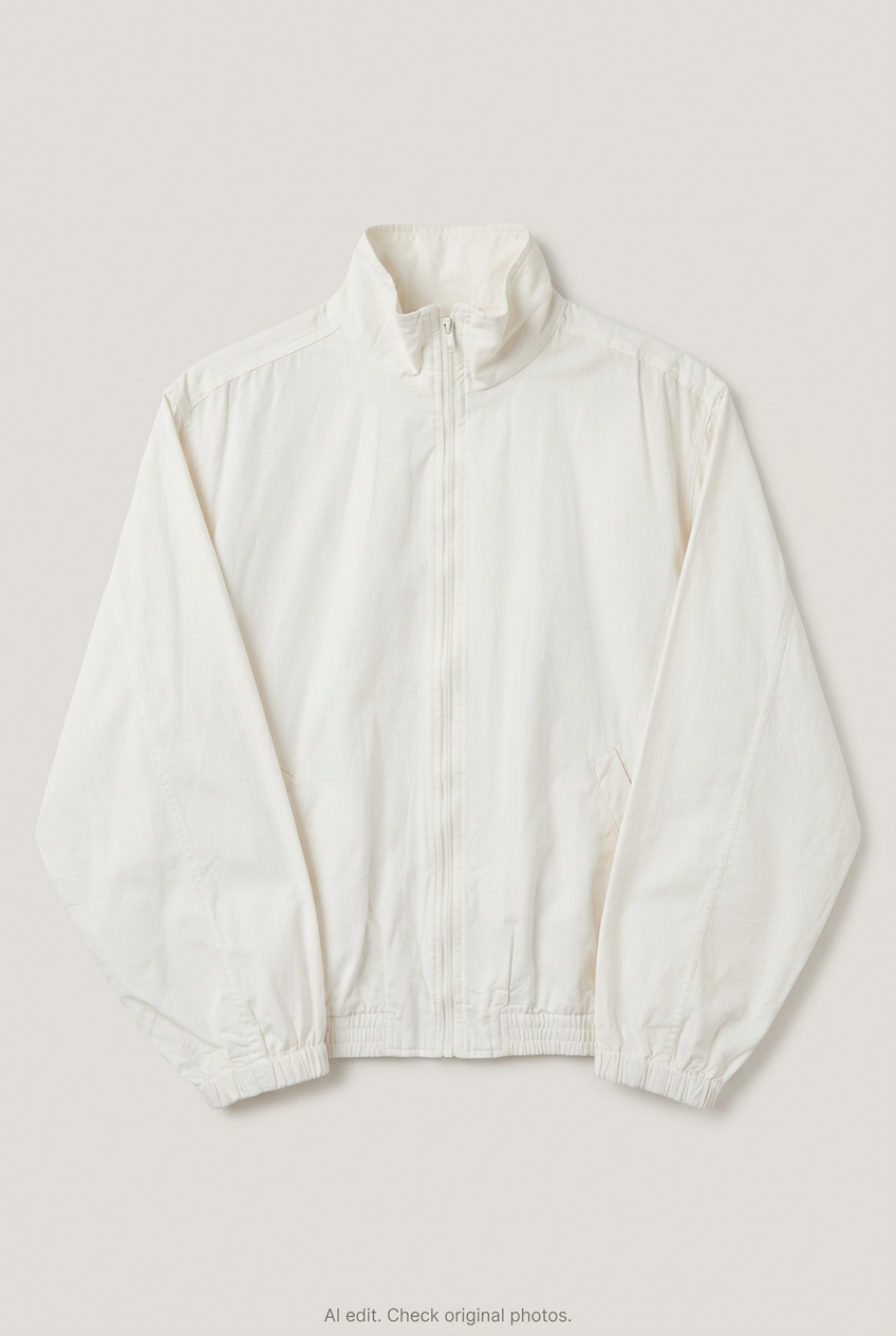 Front product view of cream windbreaker, flat lay