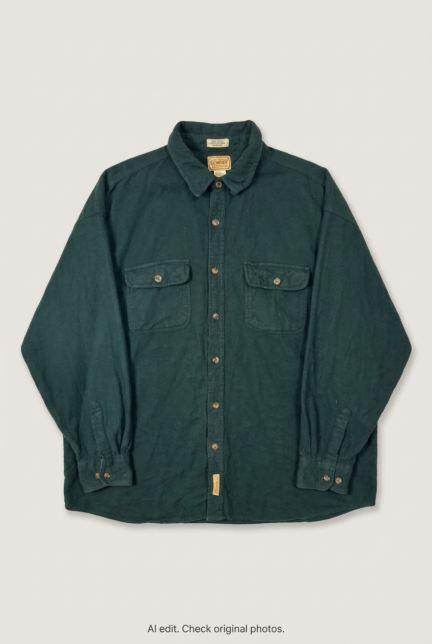 Front product view of dark green overshirt, flat lay