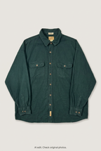Front product view of dark green overshirt, flat lay