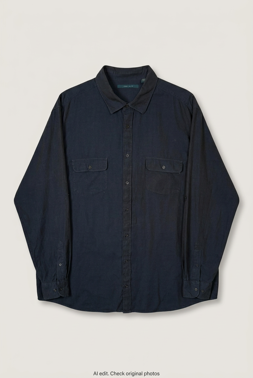 Front product view of dark navy Zara Man oversized shirt, flat lay