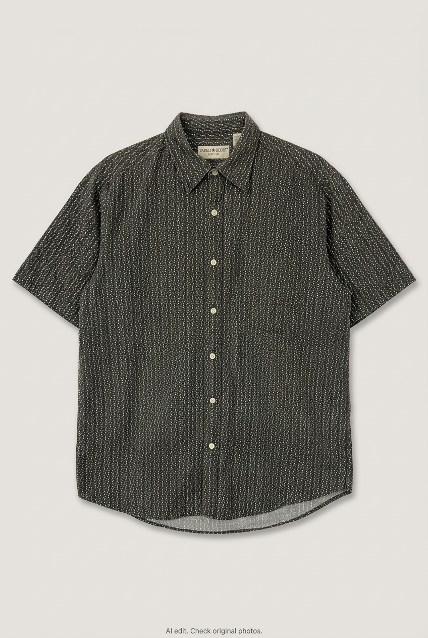Front product view of dark printed short-sleeve shirt, flat lay