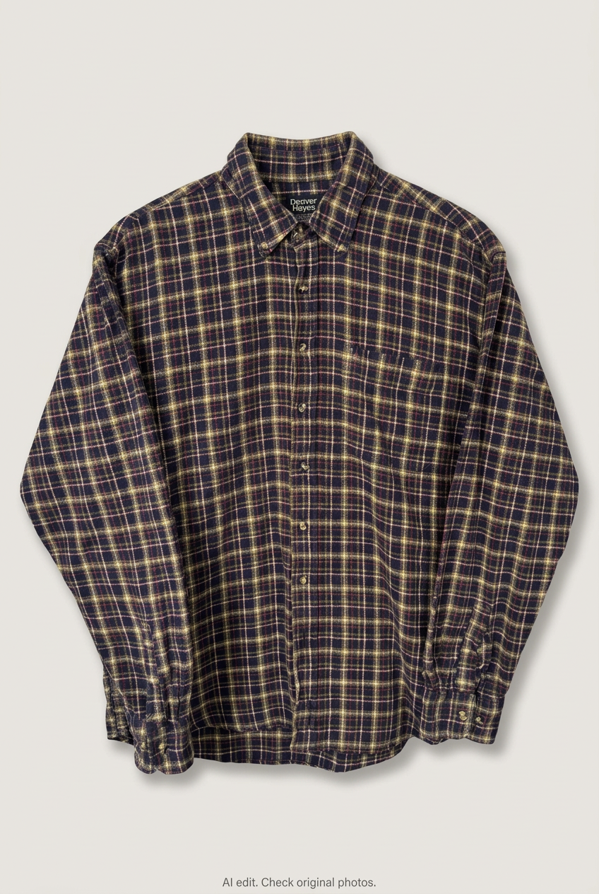 Front product view of Denver Hayes plaid shirt, flat lay