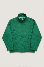 Front product view of green windbreaker jacket, flat lay