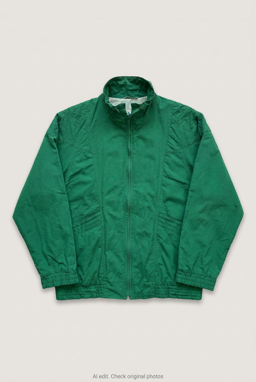Front product view of green windbreaker jacket, flat lay
