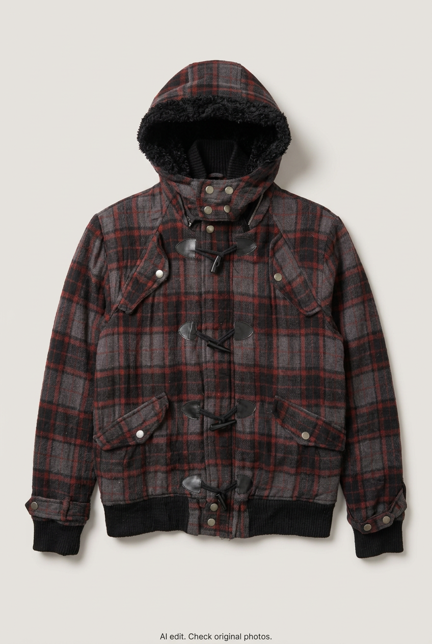 Front product view of grey and red plaid duffle coat, flat lay