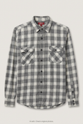 Front product view of grey and white checked flannel shirt, flat lay