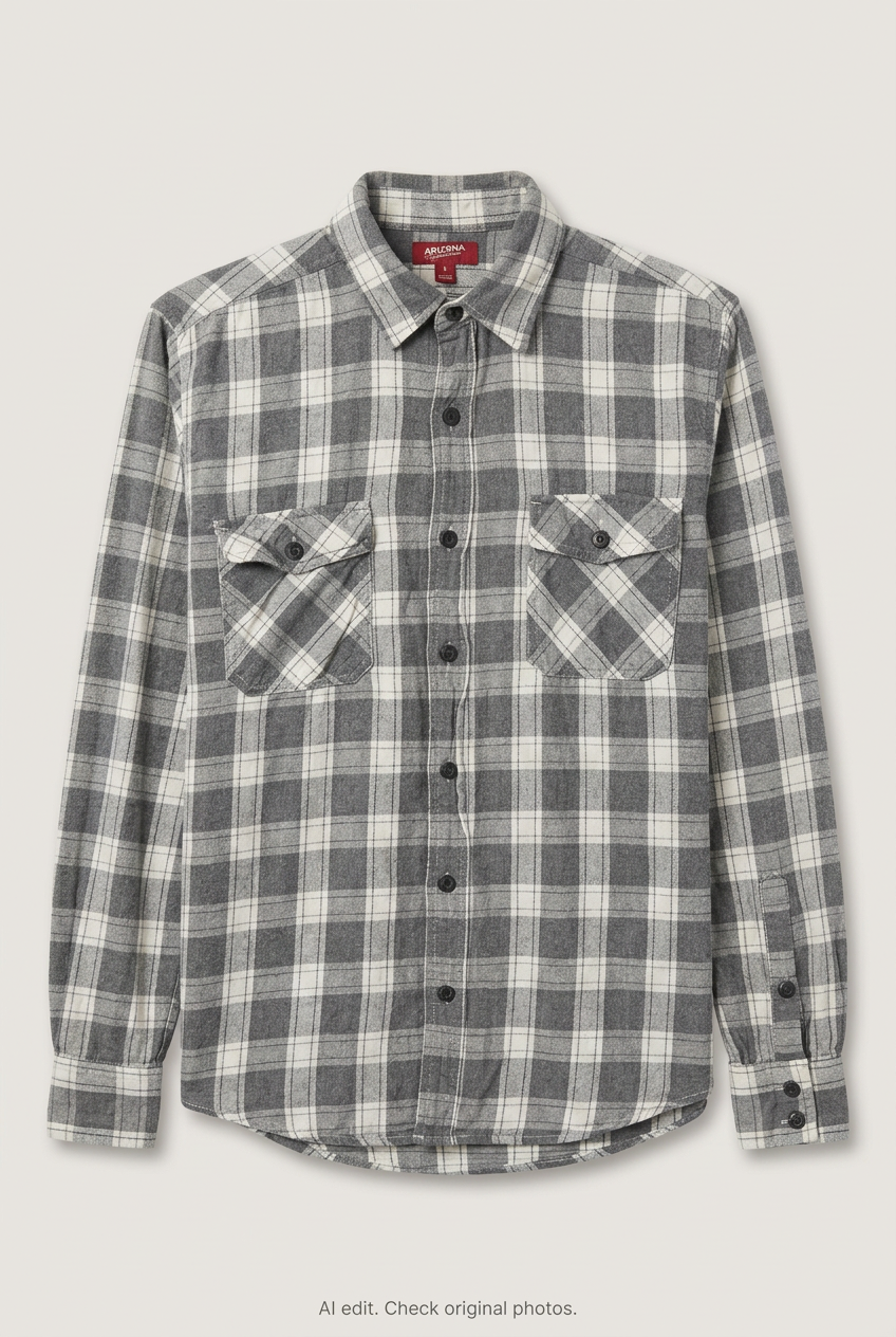 Front product view of grey and white checked flannel shirt, flat lay