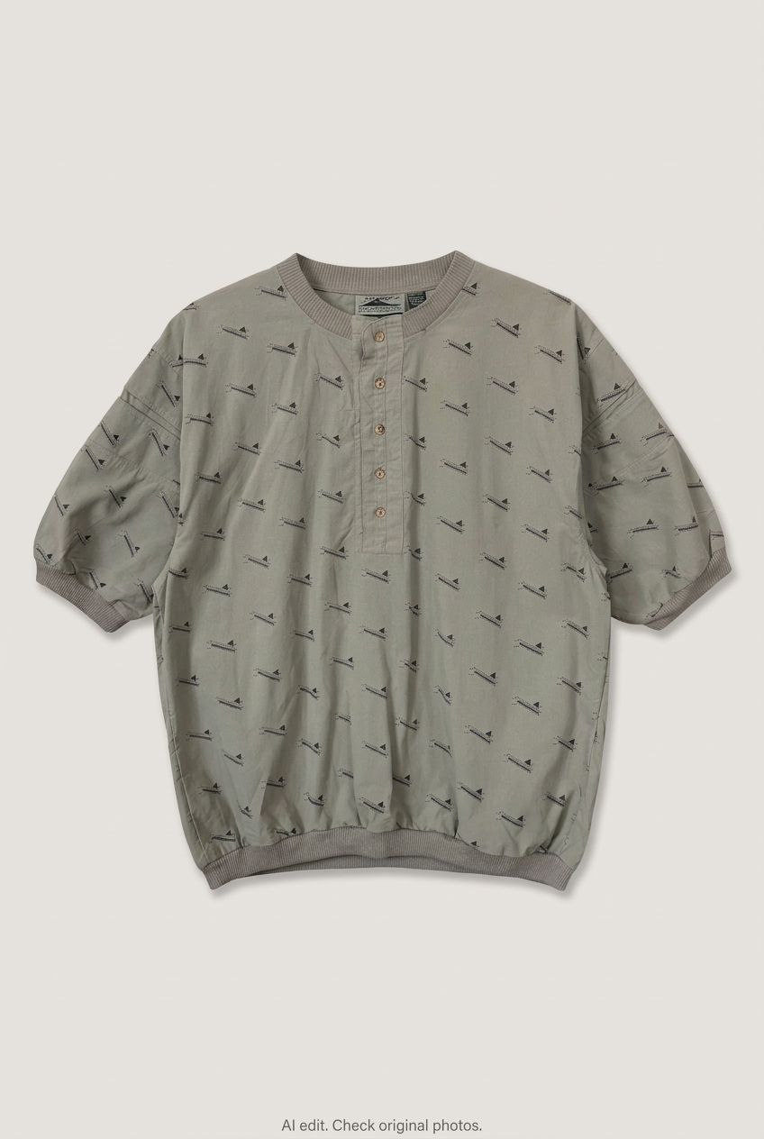 Front product view of grey canoe-print henley, flat lay