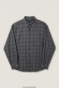 Front product view of grey checked shirt, flat lay