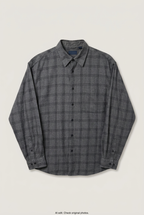 Front product view of grey checked shirt, flat lay