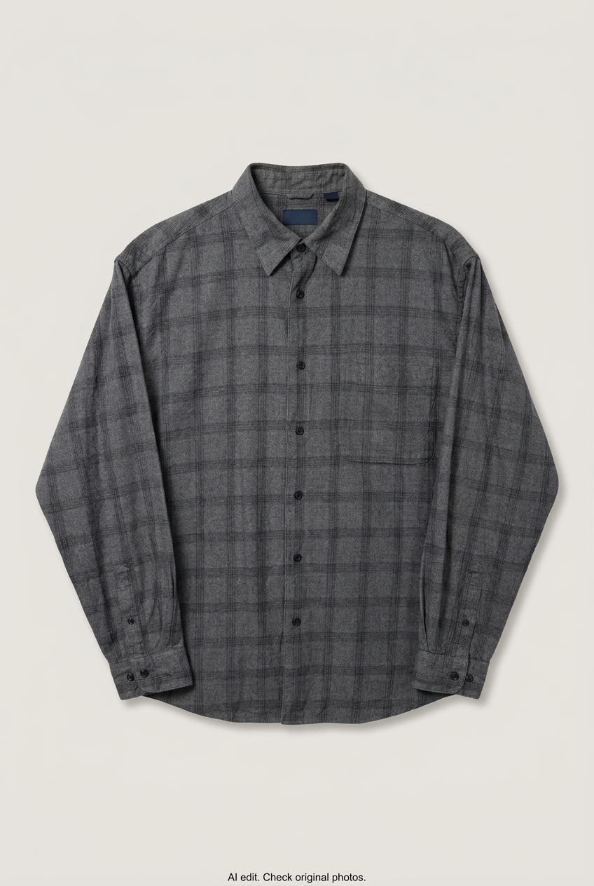Front product view of grey checked shirt, flat lay