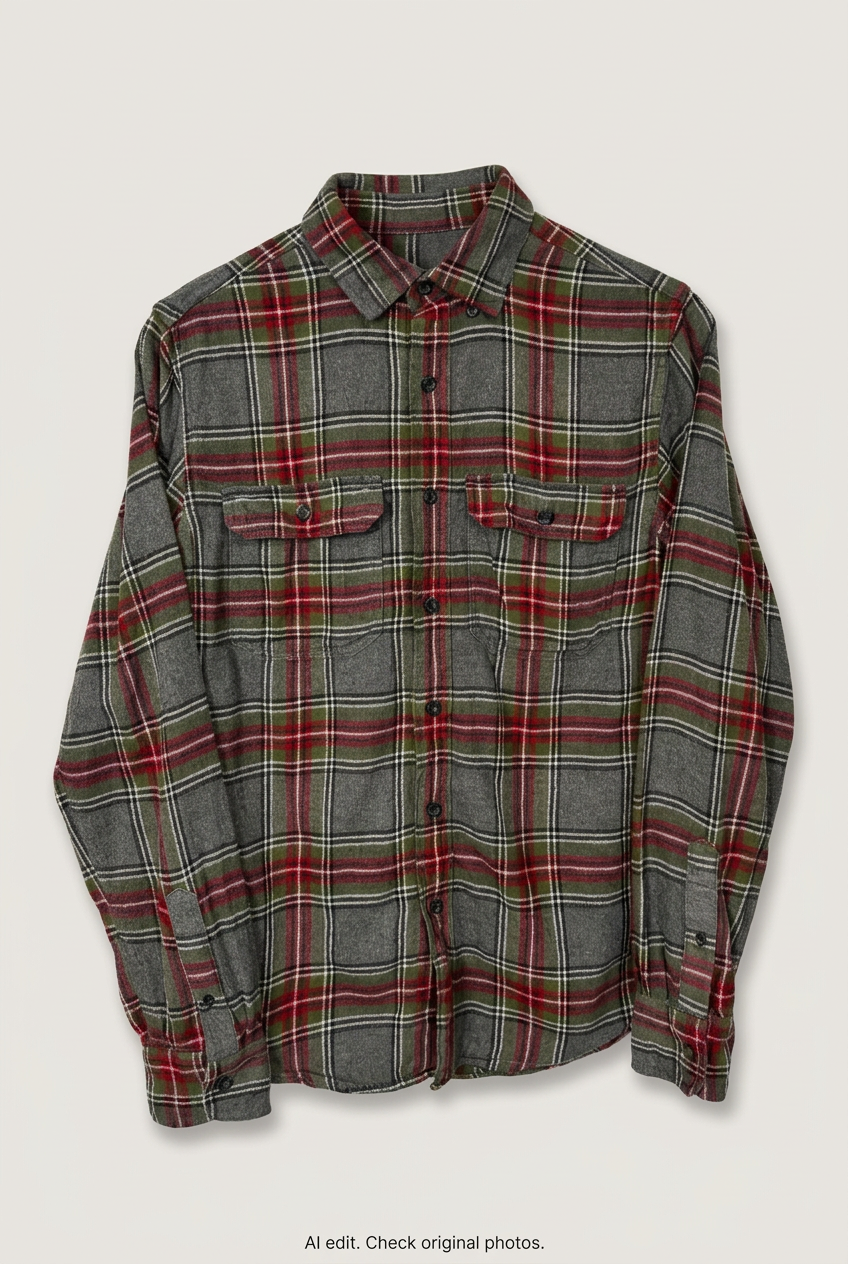 Front product view of grey, red and green plaid flannel shirt, flat lay