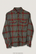 Front product view of grey, red and green plaid flannel shirt, flat lay