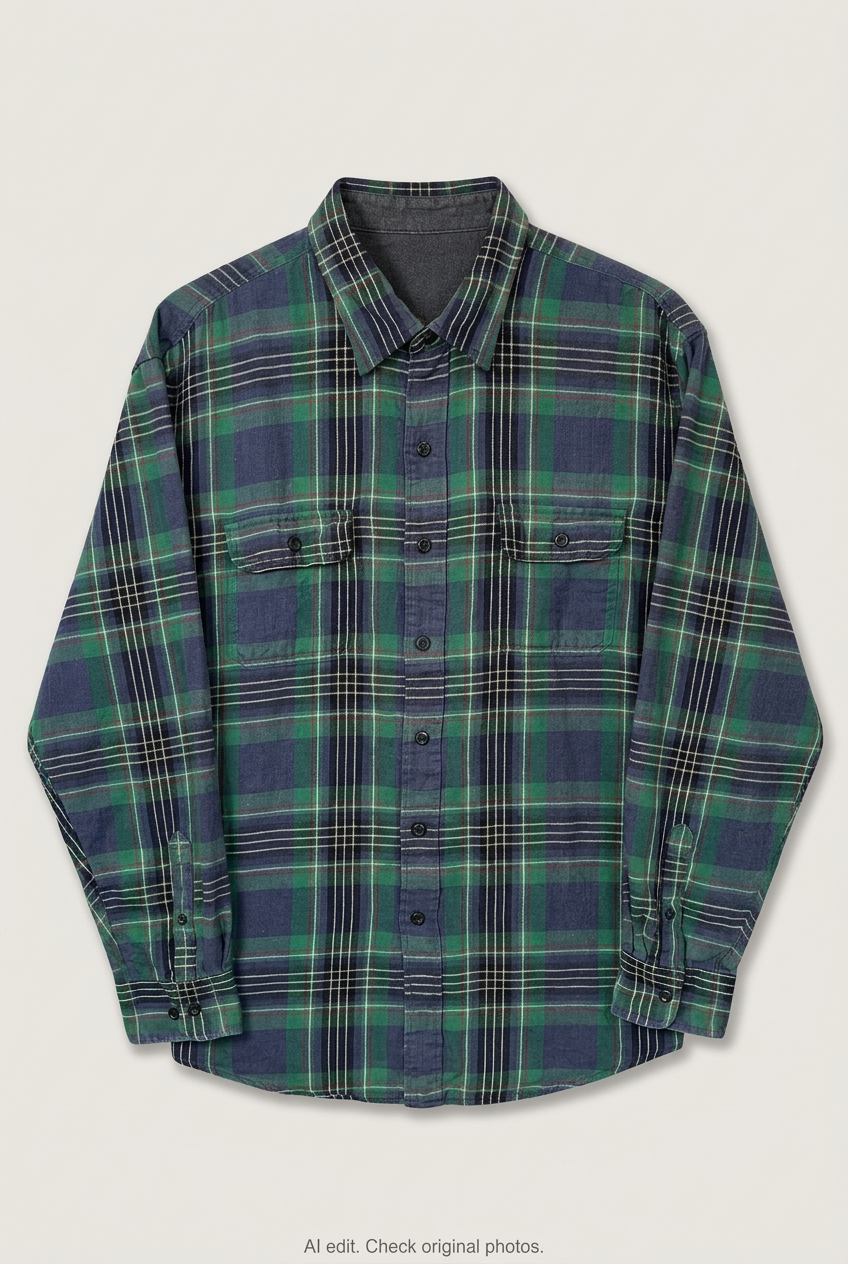 Front product view of navy and green Izod plaid flannel, flat lay