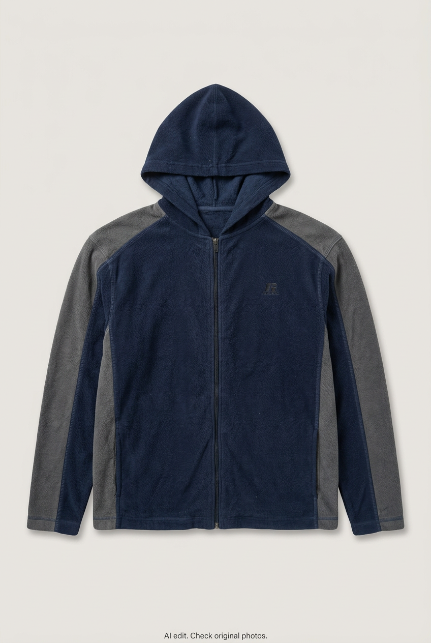 Front product view of navy and grey Russell Athletic hoodie, flat lay