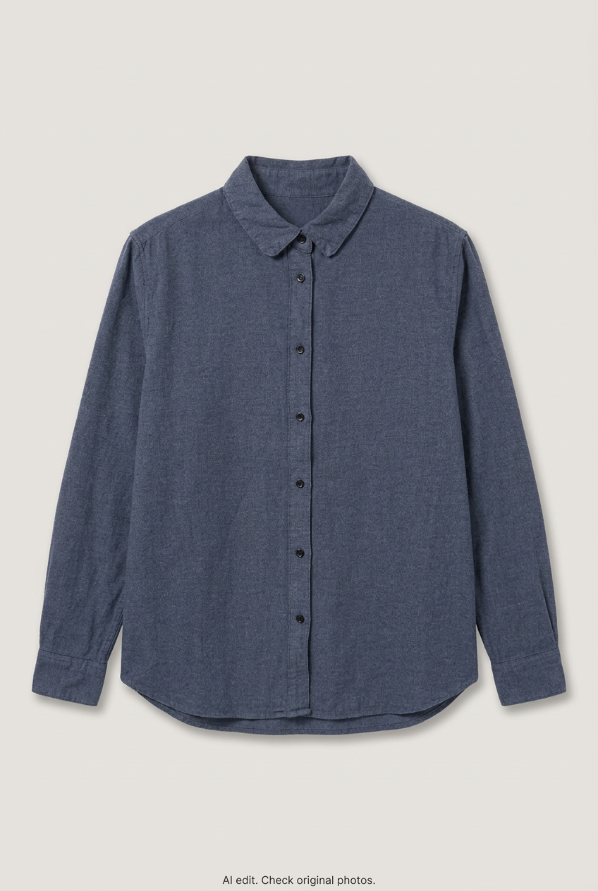 Front product view of navy button-up shirt, flat lay