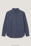 Front product view of navy button-up shirt, flat lay