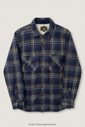 Front product view of navy plaid sherpa-lined shacket, flat lay