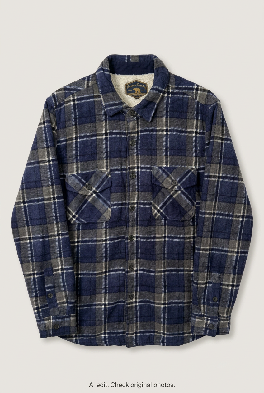 Front product view of navy plaid sherpa-lined shacket, flat lay