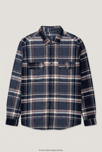 Front product view of navy plaid shirt, flat lay
