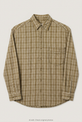 Front product view of olive-brown checked shirt, flat lay