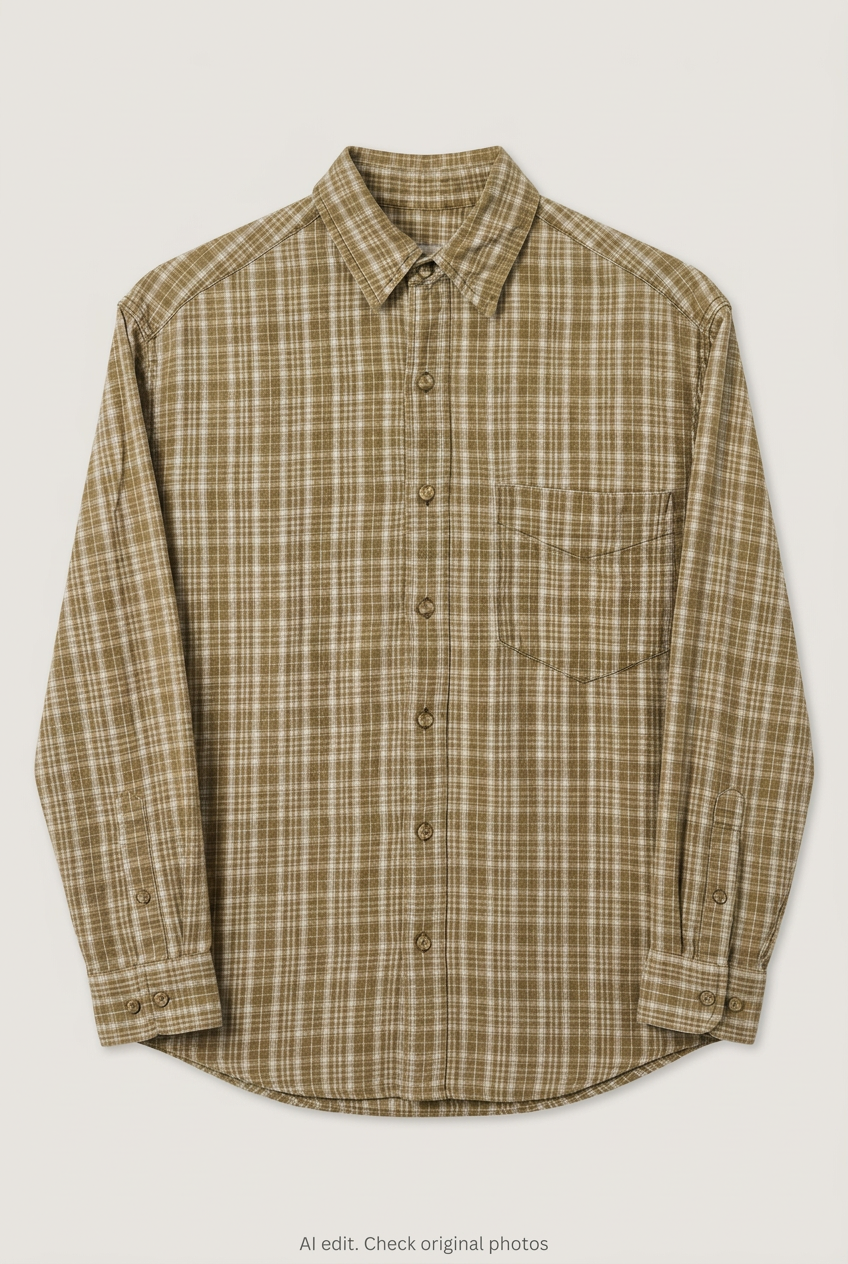 Front product view of olive-brown checked shirt, flat lay
