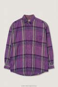 Front product view of purple plaid shirt, flat lay