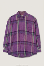 Front product view of purple plaid shirt, flat lay