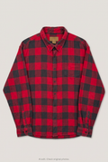 Front product view of red and black buffalo check flannel shirt, flat lay