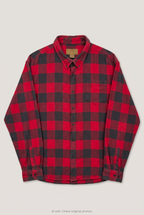Front product view of red and black buffalo check flannel shirt, flat lay