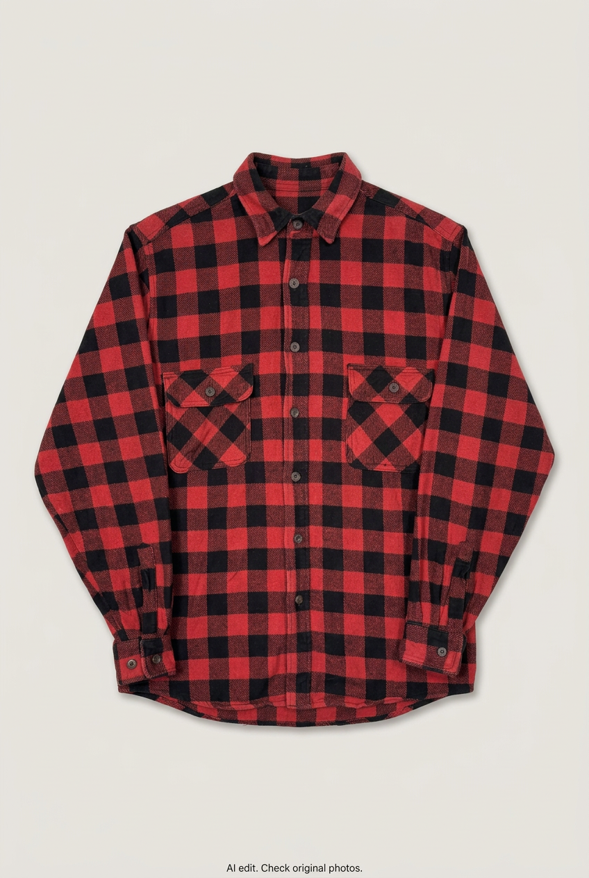 Front product view of red and black check flannel shirt, flat lay