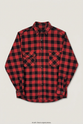 Front product view of red and black check flannel shirt, flat lay