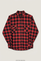 Front product view of red and black check flannel shirt, flat lay