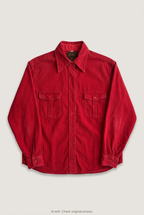 Front product view of red corduroy shirt, flat lay