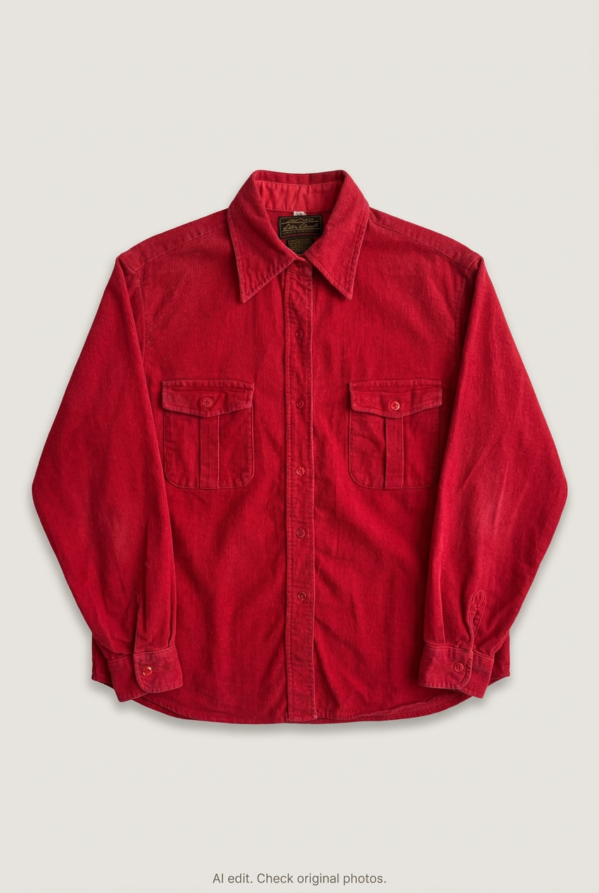 Front product view of red corduroy shirt, flat lay