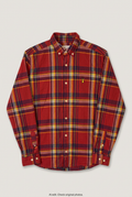 Front product view of red tartan shirt, flat lay