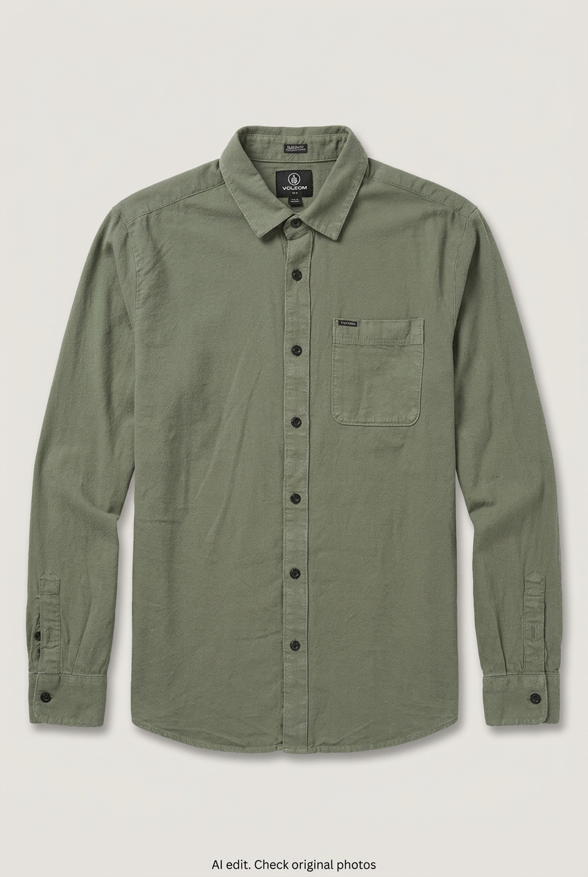 Front product view of sage green Volcom shirt, flat lay