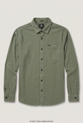 Front product view of sage green Volcom shirt, flat lay