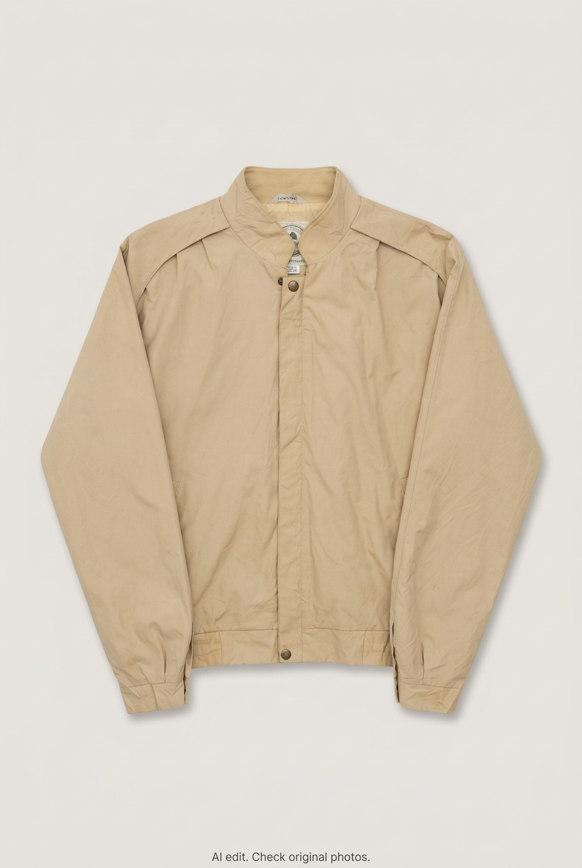 Front product view of tan Harrington jacket, flat lay