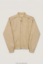 Front product view of tan Harrington jacket, flat lay