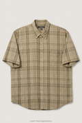 Front product view of tan plaid short-sleeve shirt, flat lay