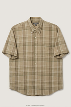 Front product view of tan plaid short-sleeve shirt, flat lay