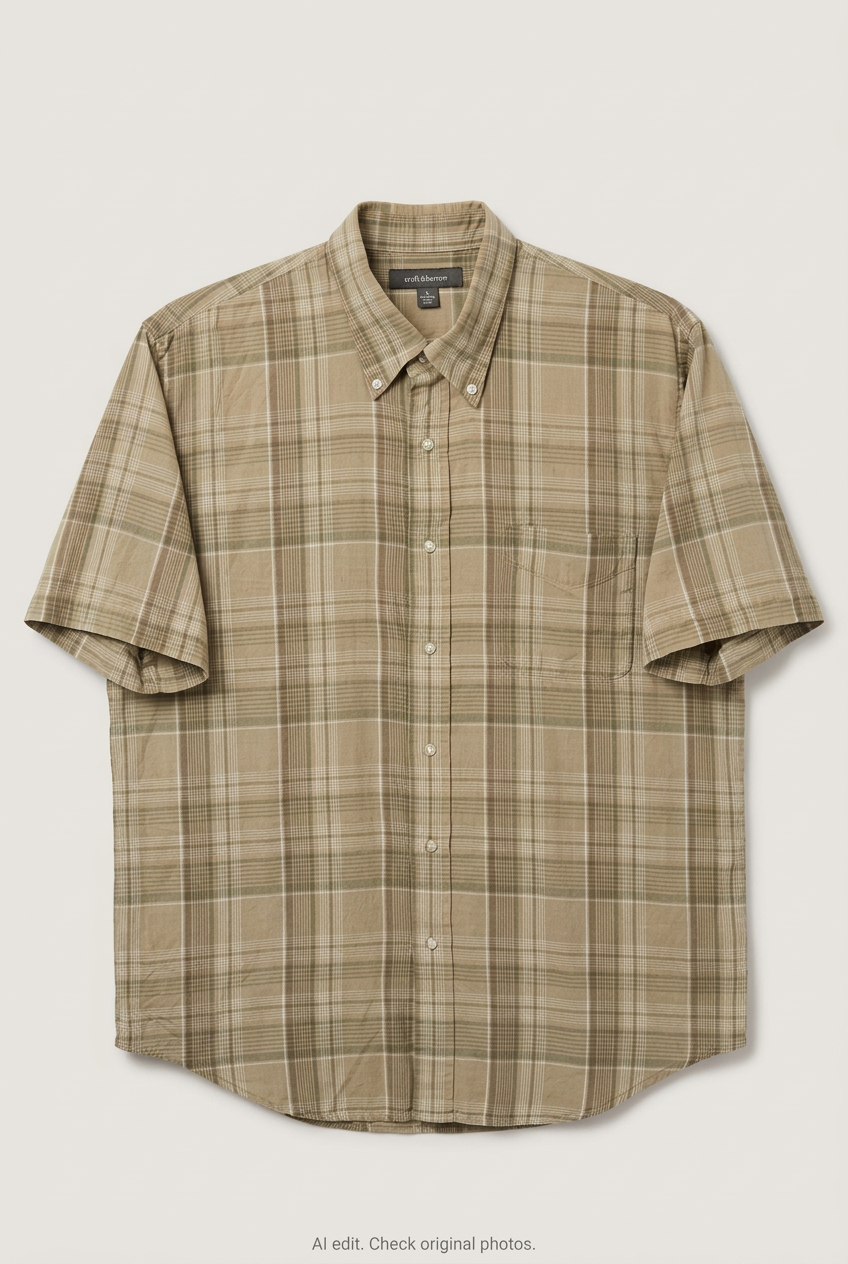Front product view of tan plaid short-sleeve shirt, flat lay