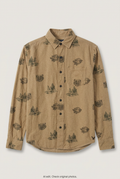 Front product view of tan printed shirt, flat lay