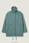 Front product view of teal green hooded parka, flat lay