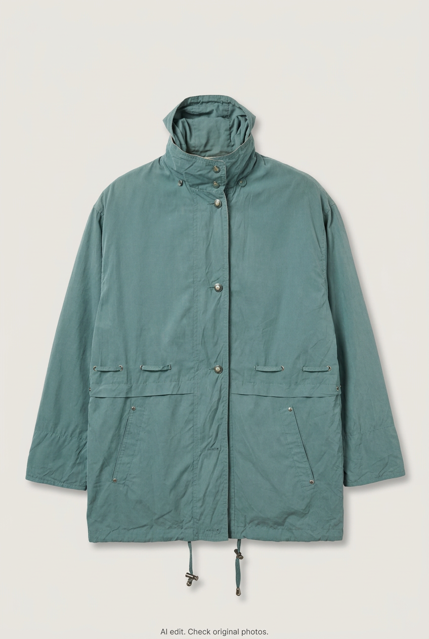 Front product view of teal green hooded parka, flat lay